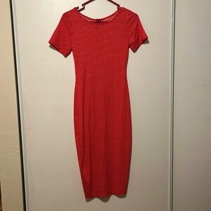 Unique Vintage Red polka dot fitted short sleeve midi dress.
